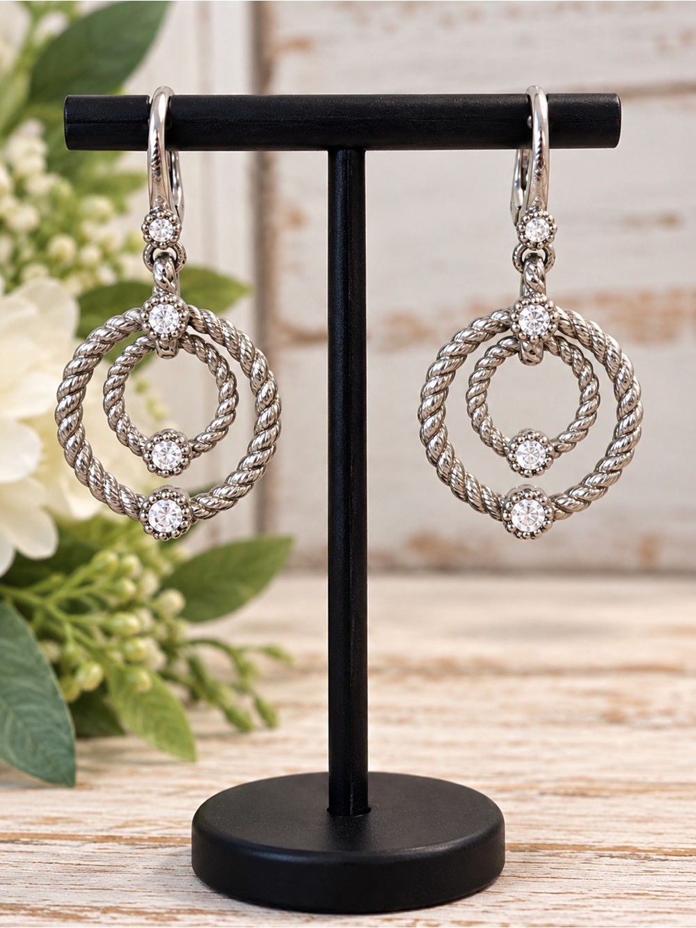 Judith Ripka Sterling Silver Diamonique Double Circle Drop Earrings